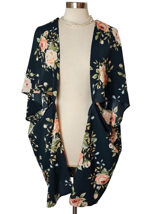 Amaryllis Sweaters - Amaryllis M Open-Front Kimono Cardigan Floral Oversized Navy Peach Floral Chic